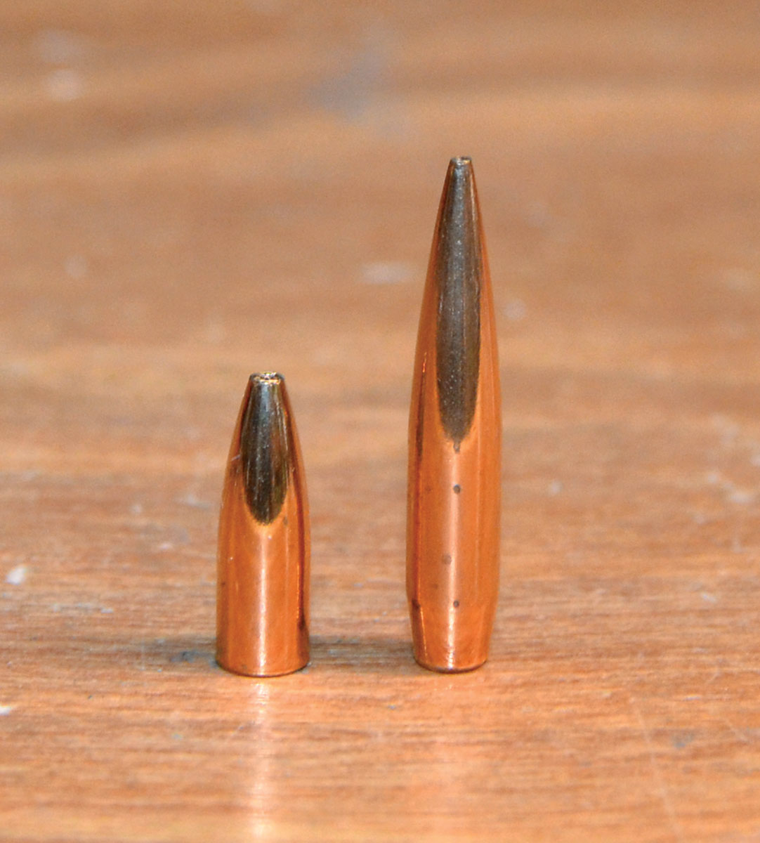 Because a short bullet such as the Berger 50-grain FB Varmint shown at left has to free-travel quite a long distance prior to engaging the rifling in a chamber throated for a long bullet such as the Berger 90-grain VLD Target at right, it may or may not deliver excellent accuracy.